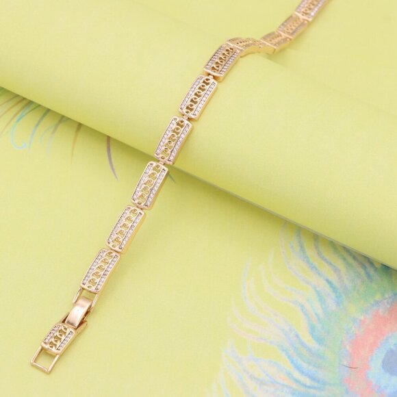 "Rose Gold Rectangular Link Bracelet with Cubic Zirconia Accents, XPBL0971 - Picture 3 of 13
